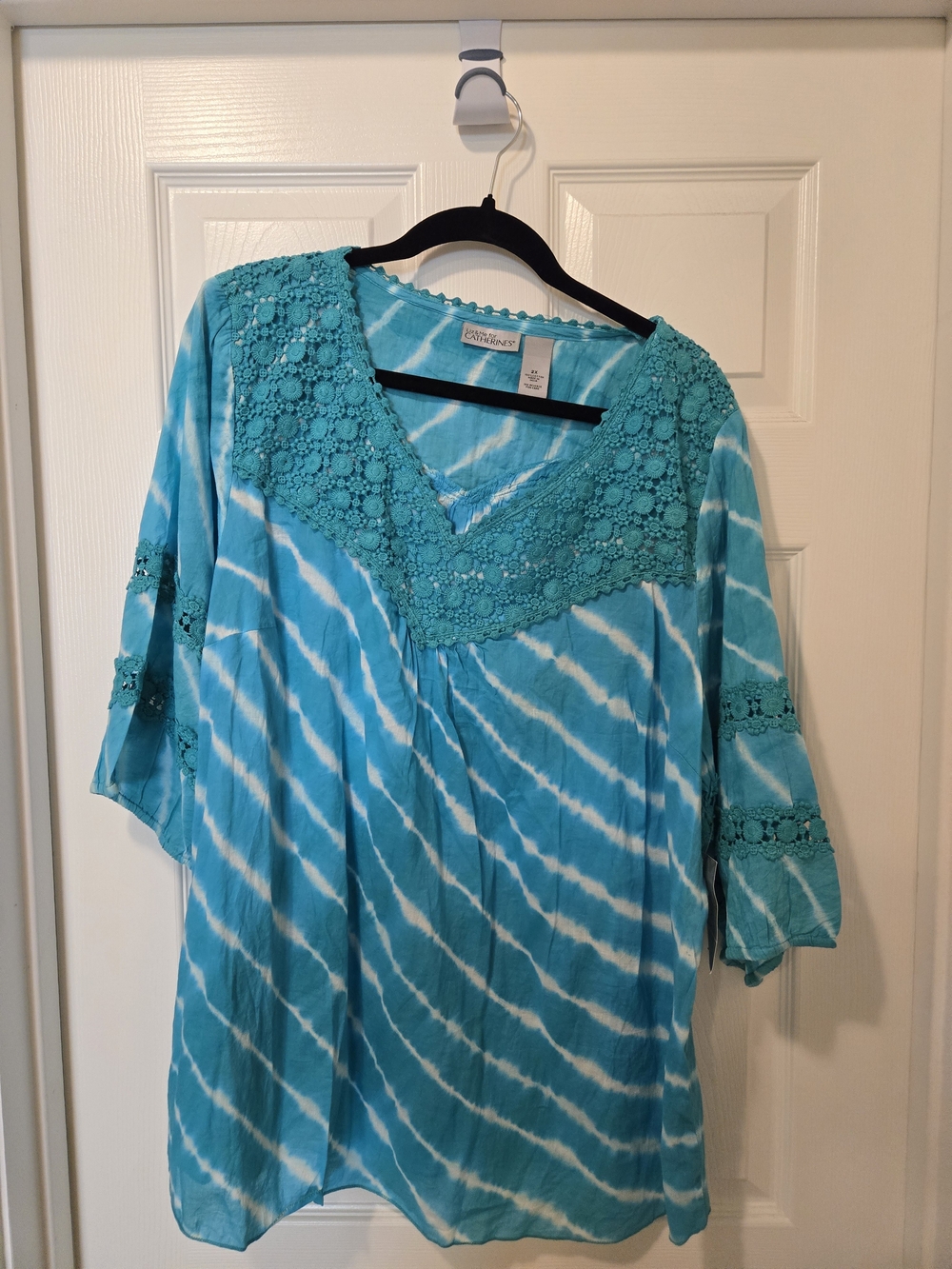Catherines Turquoise & White Tie-Dye Crochet V-Neck Blouse